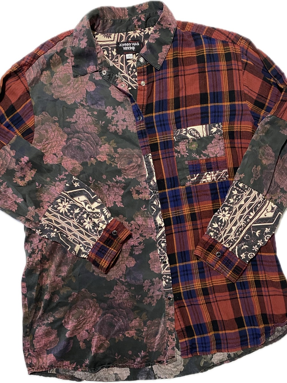 Johnny Was Mixed Plaid & Floral Button-Down — Burgundy, Green, Purple